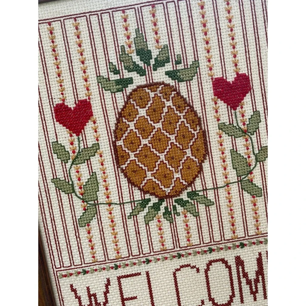 Elsa Williams needle crafted beaded pineapple welcome sign framed